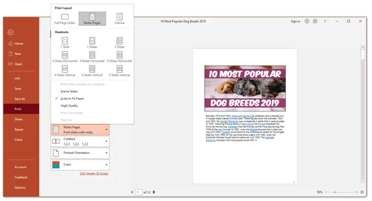 How to print notes in powerpoint the notes section