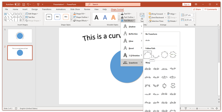 Curved wordart text in powerpoint
