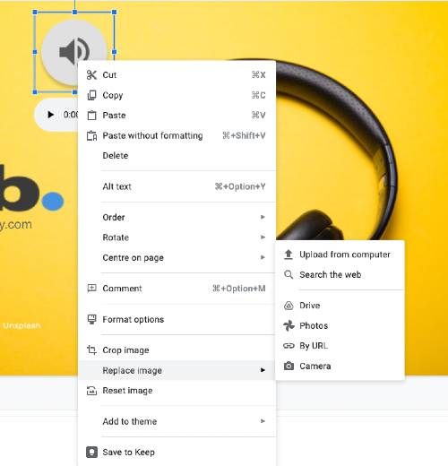 screenshot google slides - right click speaker audio icon, select format options or replace image - yourslidebuddy.com