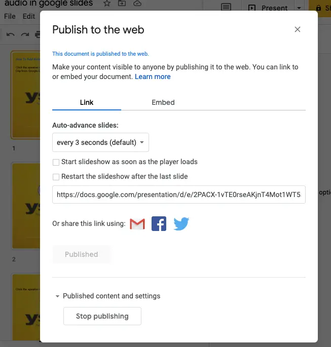 publish to web settings audio in google slides